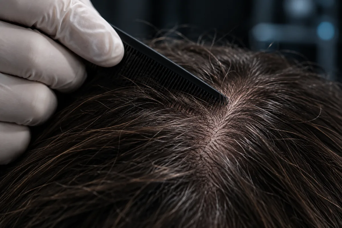 Examen du cuir chevelu au peigne — illustration Main gantée séparant les cheveux avec un peigne