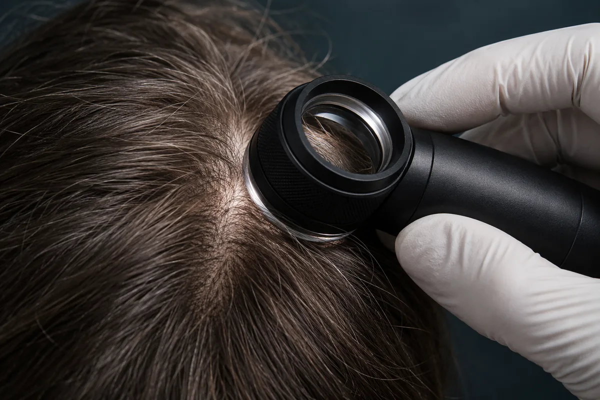 Observation du cuir chevelu — illustration Dermatoscope au contact du cuir chevelu entre des mèches séparées