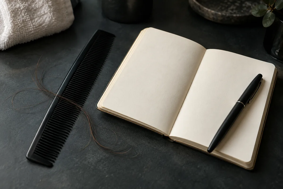 Préparer ses questions en consultation — illustration Carnet vierge, stylo et peigne sur un bureau sombre