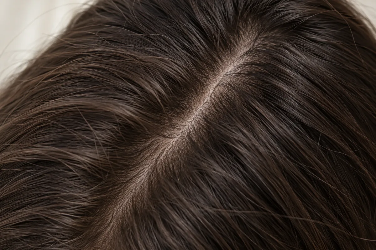 Raie et texture des cheveux — illustration Gros plan sur une raie naturelle et les cheveux bruns