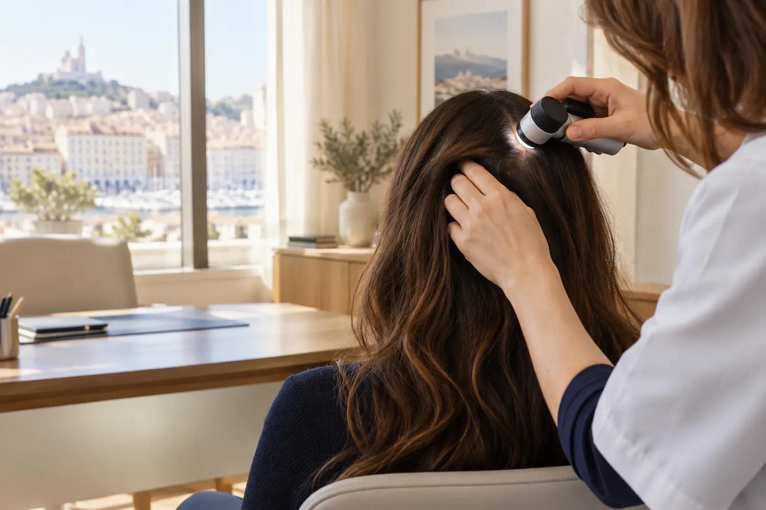 Consultation et diagnostic capillaire à Marseille Examen du cuir chevelu avec un dermatoscope lors d’une consultation capillaire